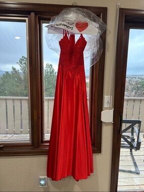 PROM SEASON!!! Red Beaded Lace Bodice with corset back and long train satin gown